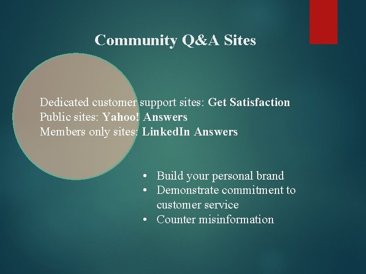 Community Q&A Sites Dedicated customer support sites: Get Satisfaction Public sites: Yahoo! Answers Members