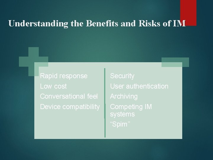 Understanding the Benefits and Risks of IM Rapid response Low cost Security User authentication