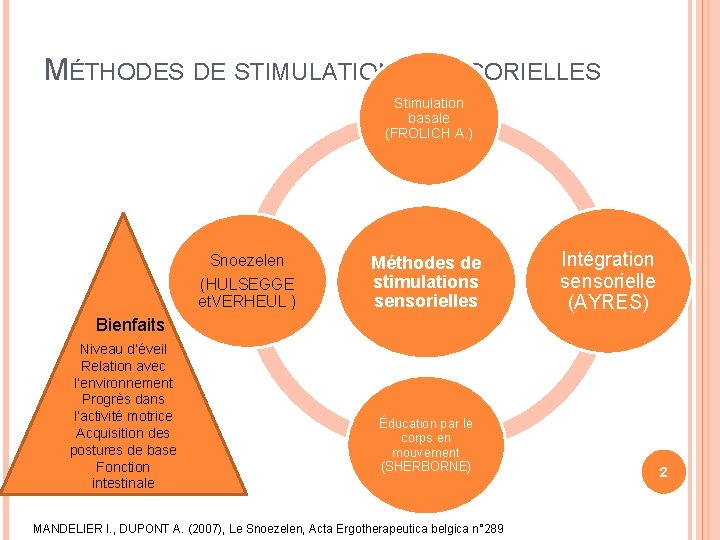 MÉTHODES DE STIMULATIONS SENSORIELLES Stimulation basale (FROLICH A. ) Snoezelen (HULSEGGE et. VERHEUL )