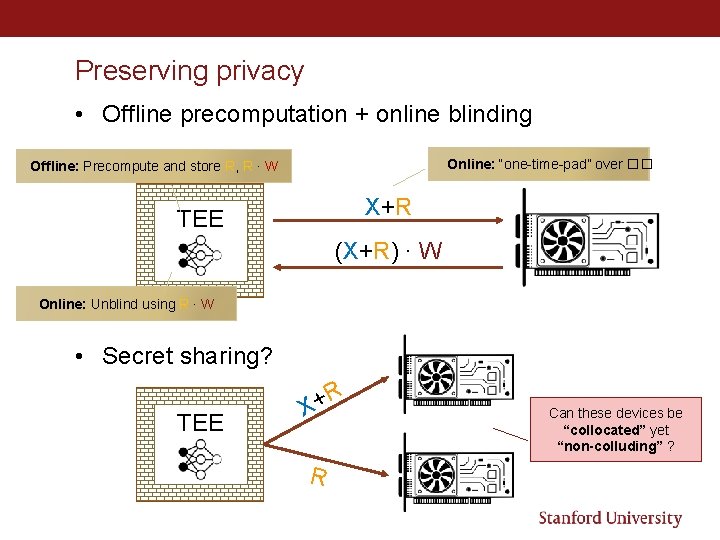 Preserving privacy • Offline precomputation + online blinding Online: “one-time-pad” over �� Offline: Precompute