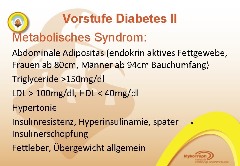 Vorstufe Diabetes II Metabolisches Syndrom: Abdominale Adipositas (endokrin aktives Fettgewebe, Frauen ab 80 cm,
