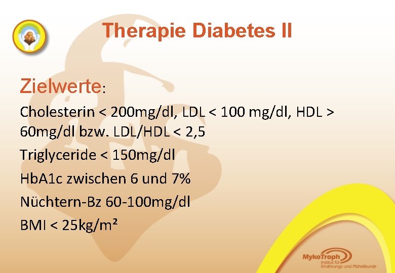 Therapie Diabetes II Zielwerte: Cholesterin < 200 mg/dl, LDL < 100 mg/dl, HDL >
