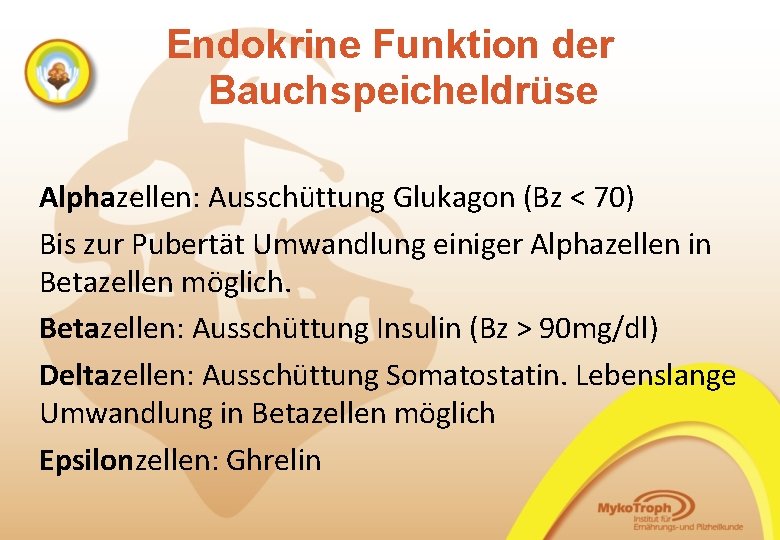 Endokrine Funktion der Bauchspeicheldrüse Alphazellen: Ausschüttung Glukagon (Bz < 70) Bis zur Pubertät Umwandlung