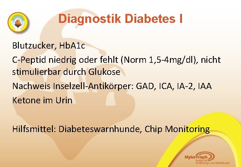 Diagnostik Diabetes I Blutzucker, Hb. A 1 c C-Peptid niedrig oder fehlt (Norm 1,