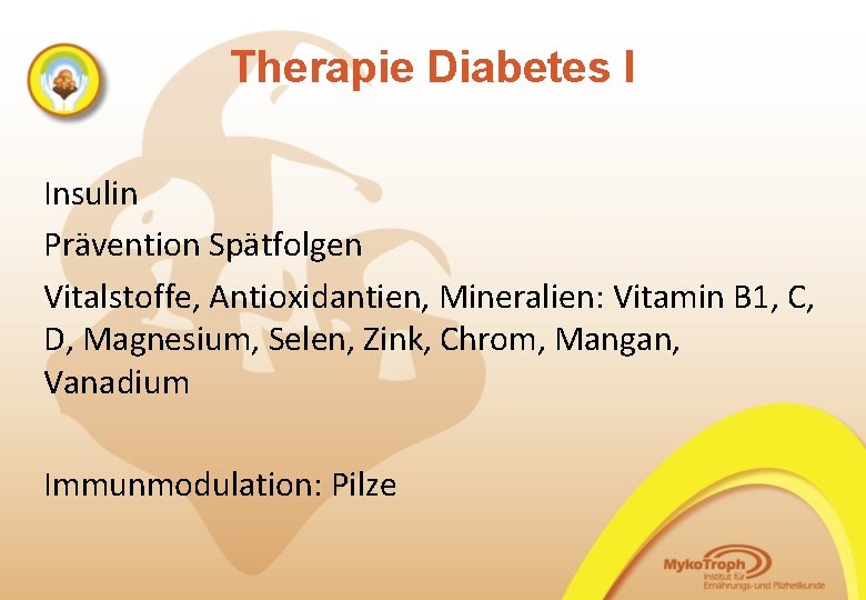 Therapie Diabetes I Insulin Prävention Spätfolgen Vitalstoffe, Antioxidantien, Mineralien: Vitamin B 1, C, D,
