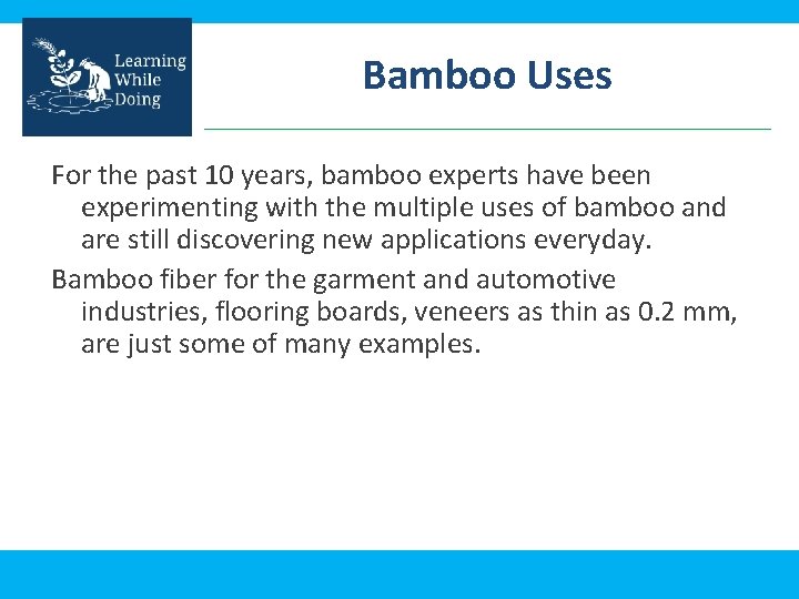 Bamboo Uses For the past 10 years, bamboo experts have been experimenting with the