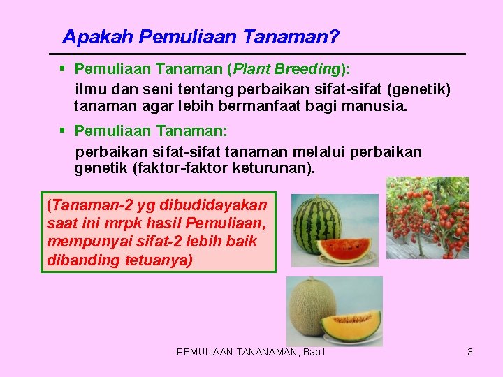 Apakah Pemuliaan Tanaman? § Pemuliaan Tanaman (Plant Breeding): ilmu dan seni tentang perbaikan sifat-sifat Apakah Pemuliaan Tanaman? § Pemuliaan Tanaman (Plant Breeding): ilmu dan seni tentang perbaikan sifat-sifat