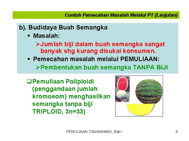 Contoh Pemecahan Masalah Melalui PT (Lanjutan) b). Budidaya Buah Semangka § Masalah: ØJumlah biji Contoh Pemecahan Masalah Melalui PT (Lanjutan) b). Budidaya Buah Semangka § Masalah: ØJumlah biji