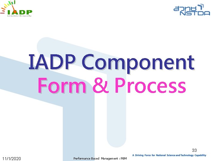 IADP Component Form & Process 33 11/1/2020 Performance Based Management : PBM 