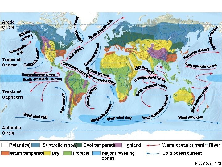 Arctic Circle Tropic of Cancer Tropic of Capricorn Antarctic Circle Polar (ice) Subarctic (snow)