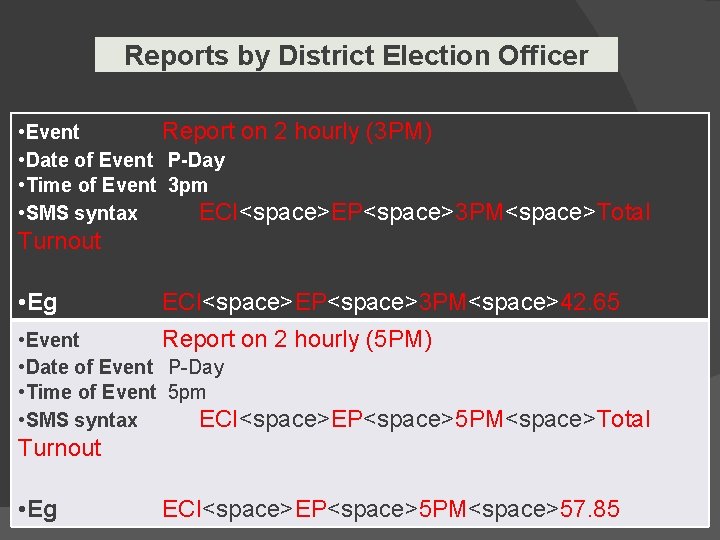 Reports by District Election Officer • Event Report on 2 hourly (3 PM) •