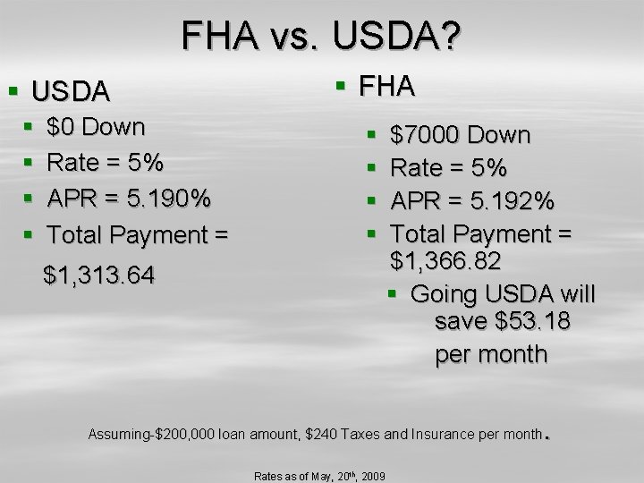 FHA vs. USDA? § USDA § § $0 Down Rate = 5% APR =