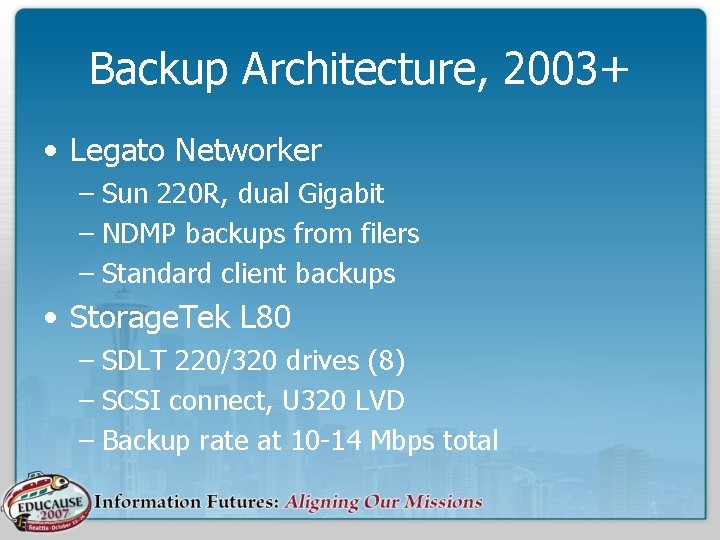 Backup Architecture, 2003+ • Legato Networker – Sun 220 R, dual Gigabit – NDMP
