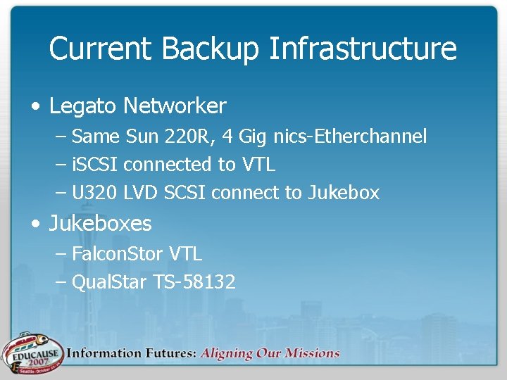 Current Backup Infrastructure • Legato Networker – Same Sun 220 R, 4 Gig nics-Etherchannel