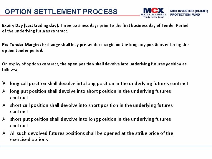 OPTION SETTLEMENT PROCESS Expiry Day (Last trading day): Three business days prior to the