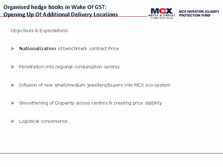 Organised hedge books in Wake Of GST: Opening Up Of Additional Delivery Locations Objectives