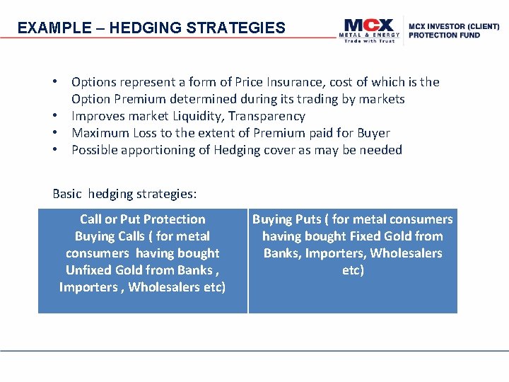 EXAMPLE – HEDGING STRATEGIES • Options represent a form of Price Insurance, cost of