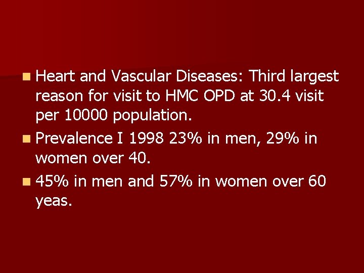 n Heart and Vascular Diseases: Third largest reason for visit to HMC OPD at
