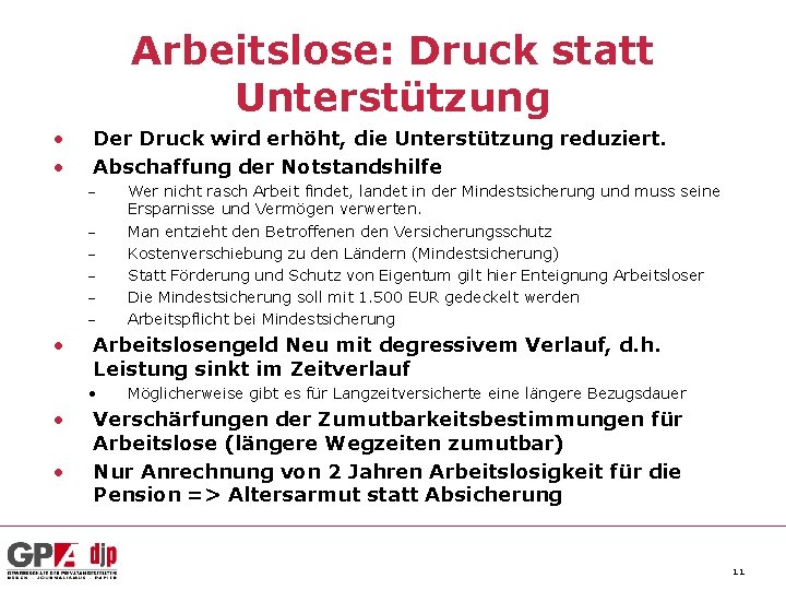 Arbeitslose: Druck statt Unterstützung • • Der Druck wird erhöht, die Unterstützung reduziert. Abschaffung