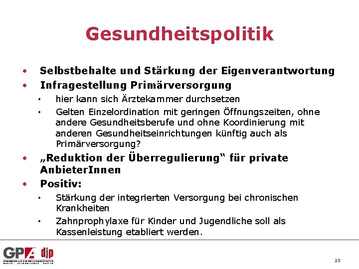 Gesundheitspolitik • • Selbstbehalte und Stärkung der Eigenverantwortung Infragestellung Primärversorgung • • hier kann