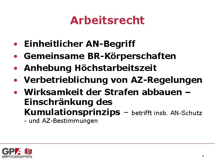 Arbeitsrecht • • • Einheitlicher AN-Begriff Gemeinsame BR-Körperschaften Anhebung Höchstarbeitszeit Verbetrieblichung von AZ-Regelungen Wirksamkeit