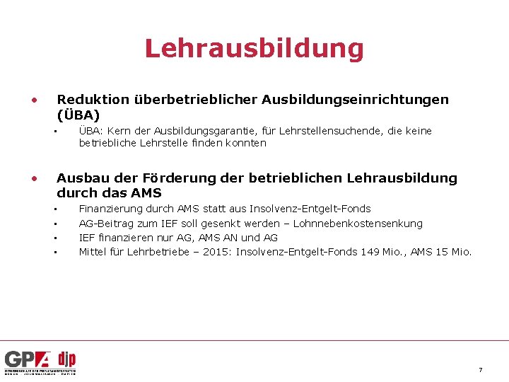 Lehrausbildung • Reduktion überbetrieblicher Ausbildungseinrichtungen (ÜBA) • • ÜBA: Kern der Ausbildungsgarantie, für Lehrstellensuchende,