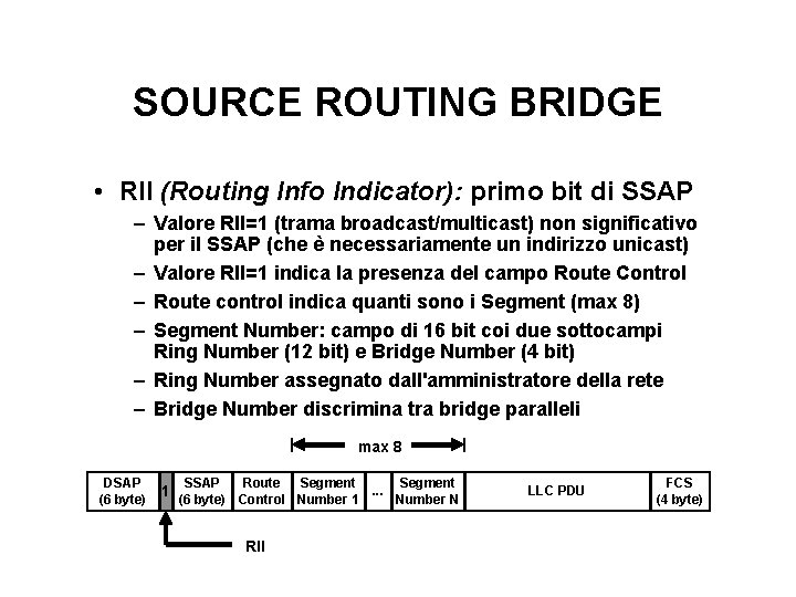 SOURCE ROUTING BRIDGE • RII (Routing Info Indicator): primo bit di SSAP – Valore