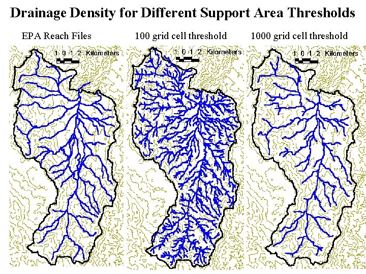 Drainage Density for Different Support Area Thresholds EPA Reach Files 100 grid cell threshold