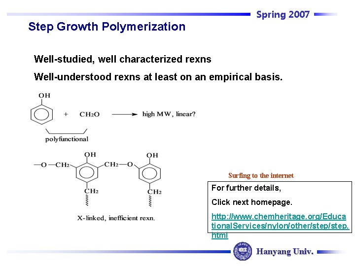 Spring 2007 Step Growth Polymerization Well-studied, well characterized rexns Well-understood rexns at least on