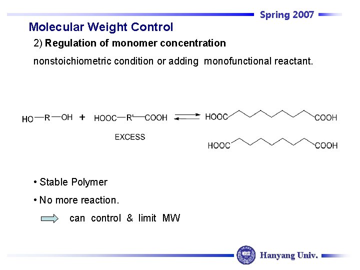 Spring 2007 Molecular Weight Control 2) Regulation of monomer concentration nonstoichiometric condition or adding