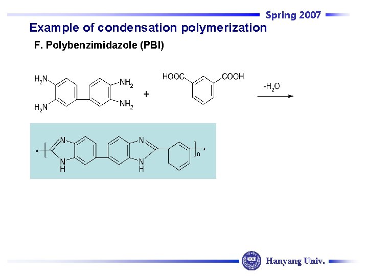 Spring 2007 Example of condensation polymerization F. Polybenzimidazole (PBI) Hanyang Univ. 