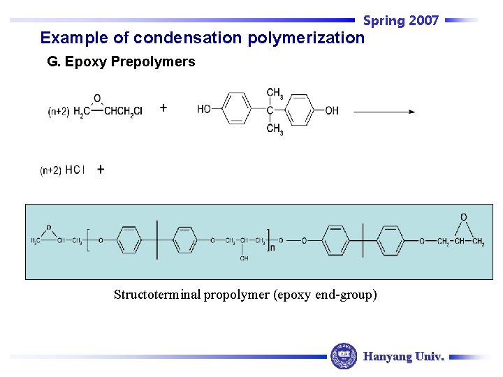 Spring 2007 Example of condensation polymerization G. Epoxy Prepolymers Structoterminal propolymer (epoxy end-group) Hanyang