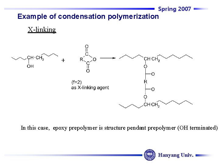Spring 2007 Example of condensation polymerization X-linking In this case, epoxy prepolymer is structure