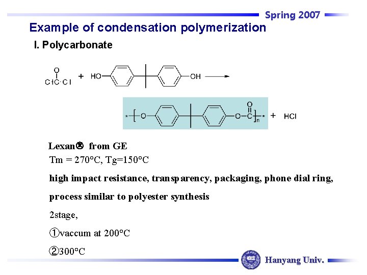 Spring 2007 Example of condensation polymerization I. Polycarbonate Lexan from GE Tm = 270°C,