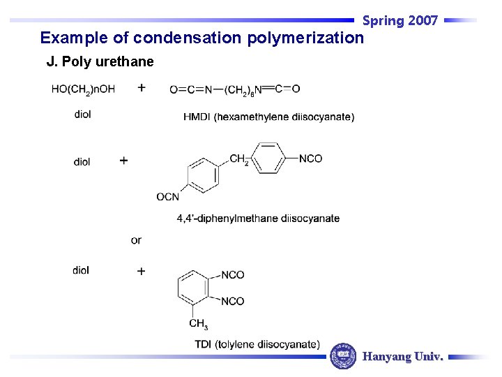 Spring 2007 Example of condensation polymerization J. Poly urethane Hanyang Univ. 