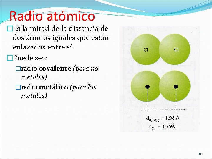 Radio atómico �Es la mitad de la distancia de dos átomos iguales que están