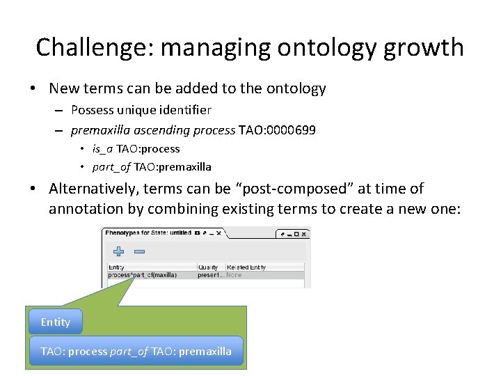 Challenge: managing ontology growth • New terms can be added to the ontology –