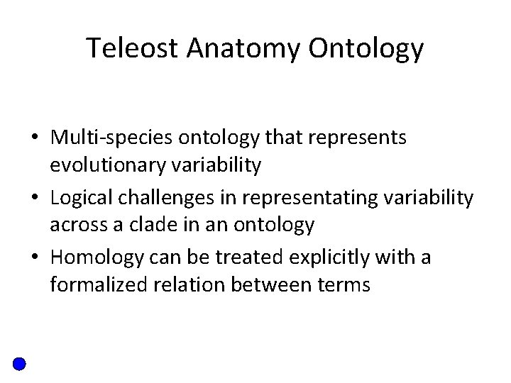 Teleost Anatomy Ontology • Multi-species ontology that represents evolutionary variability • Logical challenges in