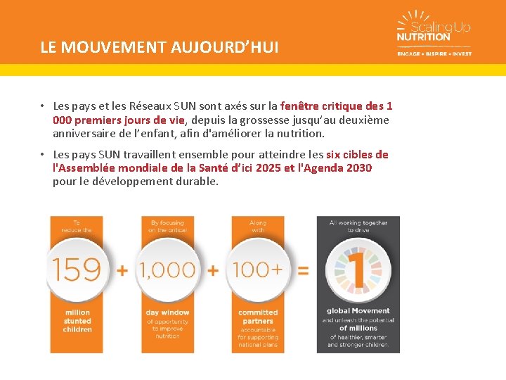 LE MOUVEMENT AUJOURD’HUI • Les pays et les Réseaux SUN sont axés sur la