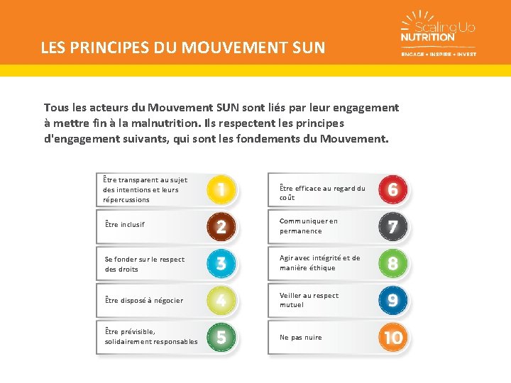 LES PRINCIPES DU MOUVEMENT SUN Tous les acteurs du Mouvement SUN sont liés par