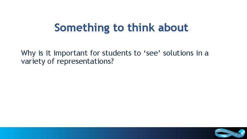 Something to think about Why is it important for students to ‘see’ solutions in