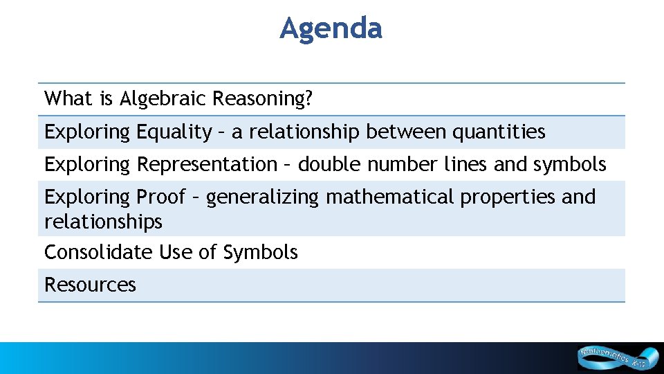 Agenda What is Algebraic Reasoning? Exploring Equality – a relationship between quantities Exploring Representation