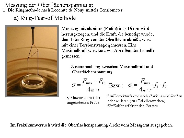 Messung der Oberflächenspannung: 1. Die Ringmethode nach Lecomte de Nouy mittels Tensiometer. a) Ring-Tear-of