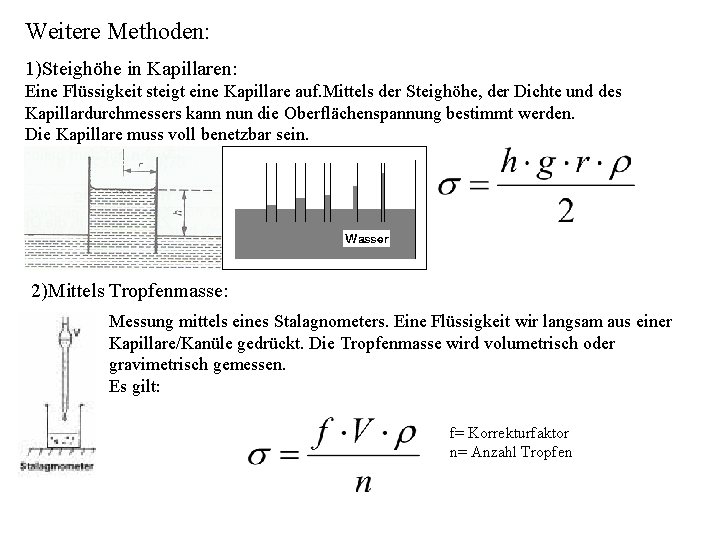 Weitere Methoden: 1)Steighöhe in Kapillaren: Eine Flüssigkeit steigt eine Kapillare auf. Mittels der Steighöhe,