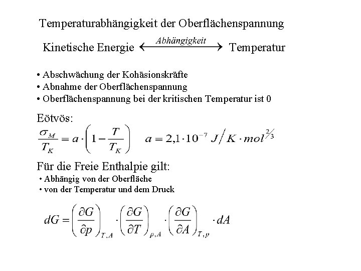 Temperaturabhängigkeit der Oberflächenspannung Kinetische Energie Temperatur • Abschwächung der Kohäsionskräfte • Abnahme der Oberflächenspannung