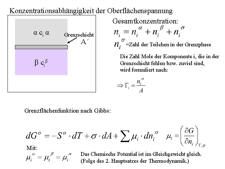 Konzentrationsabhängigkeit der Oberflächenspannung Gesamtkonzentration: α ci α β Grenzschicht A´ =Zahl der Teilchen in