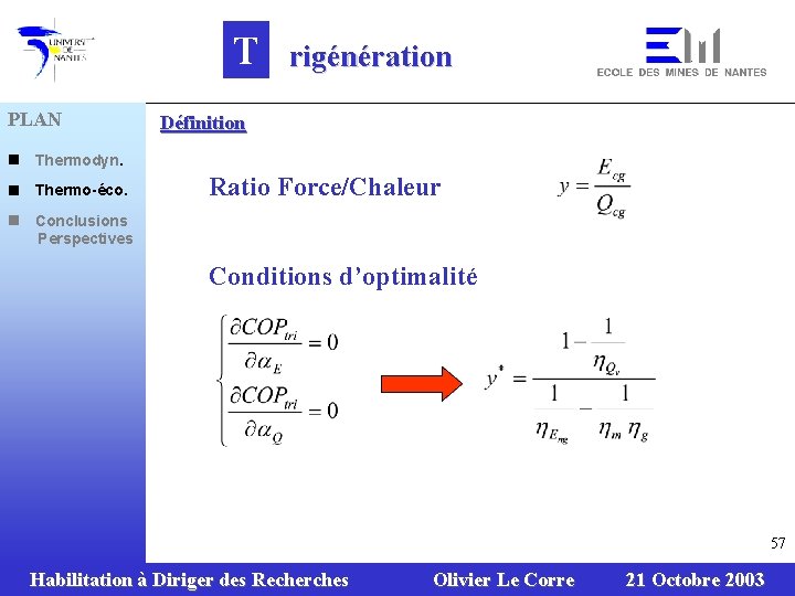 T PLAN n Thermodyn. n Thermo-éco. n Conclusions Perspectives rigénération Définition Ratio Force/Chaleur Conditions