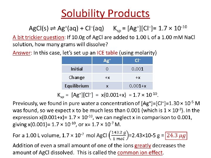 Solubility Products • Ag+ Cl– Initial 0 0. 001 Change +x +x Equilibrium x