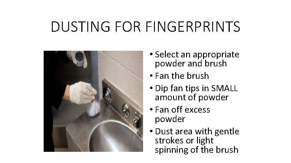 DUSTING FOR FINGERPRINTS • Select an appropriate powder and brush • Fan the brush