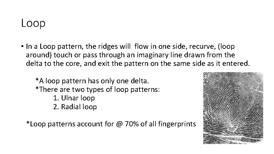 Loop • In a Loop pattern, the ridges will flow in one side, recurve,